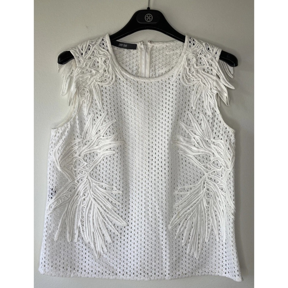 Per Se Blouse Womens M White Eyelet Leaf Applique Mesh Sleeveless Boho Chic Lace